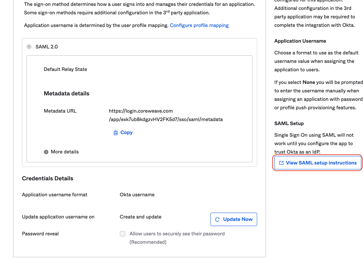 The "View SAML setup instructions" button is on the right-hand side of the SAML configuration screen